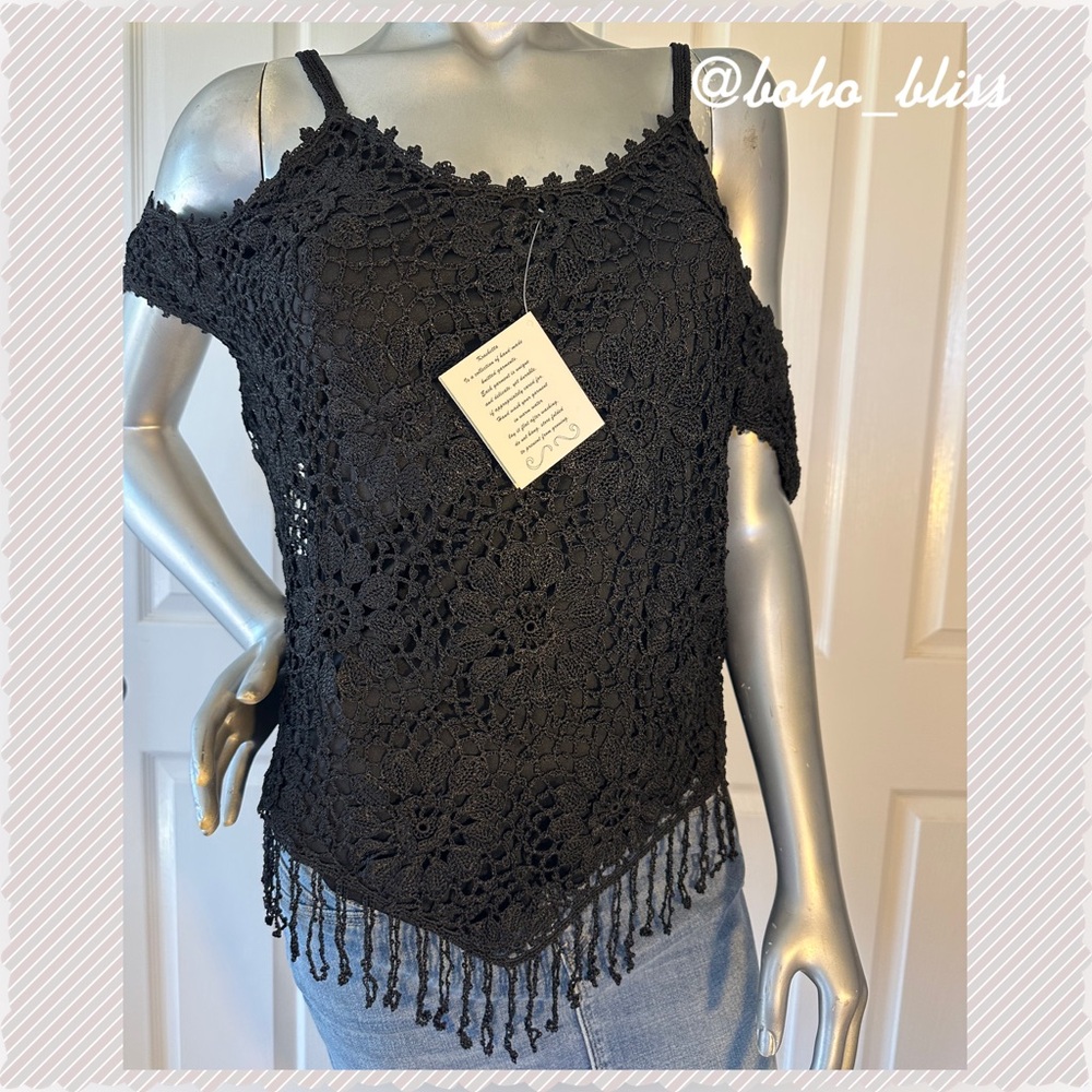 KROSHETTA BY PAPILLON | Crochet Beaded Black Off Shoulder Top NWT